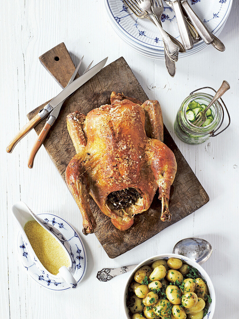 Roast chicken with cucumber salad and sauce