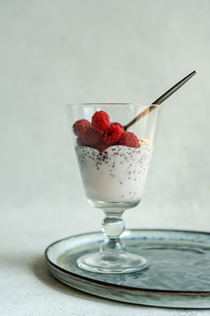 Chia pudding with fresh organic raspberries