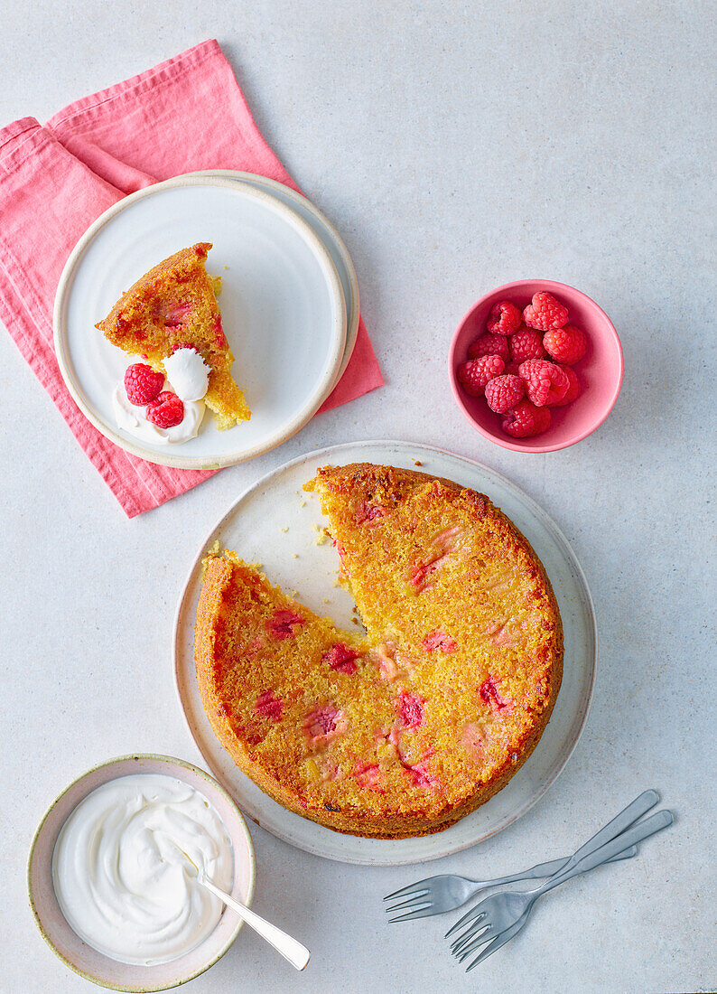 Apricot and orange cake with raspberries and mastic