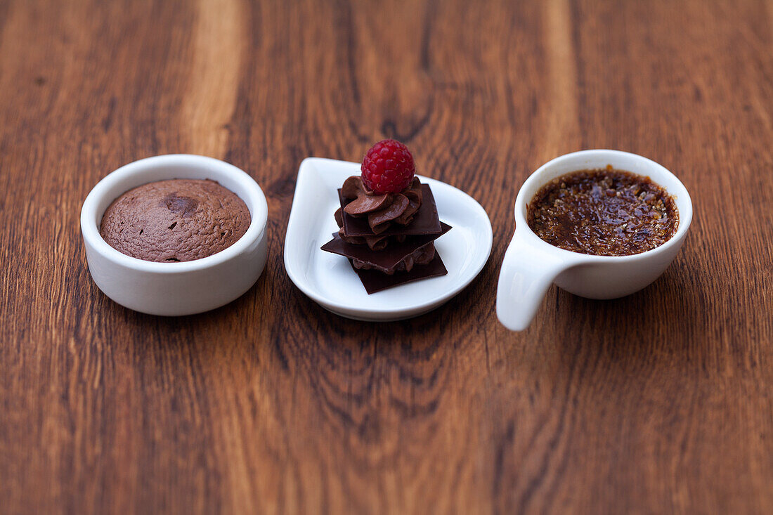 Chocolate cake, chocolate mousse and crème brulée