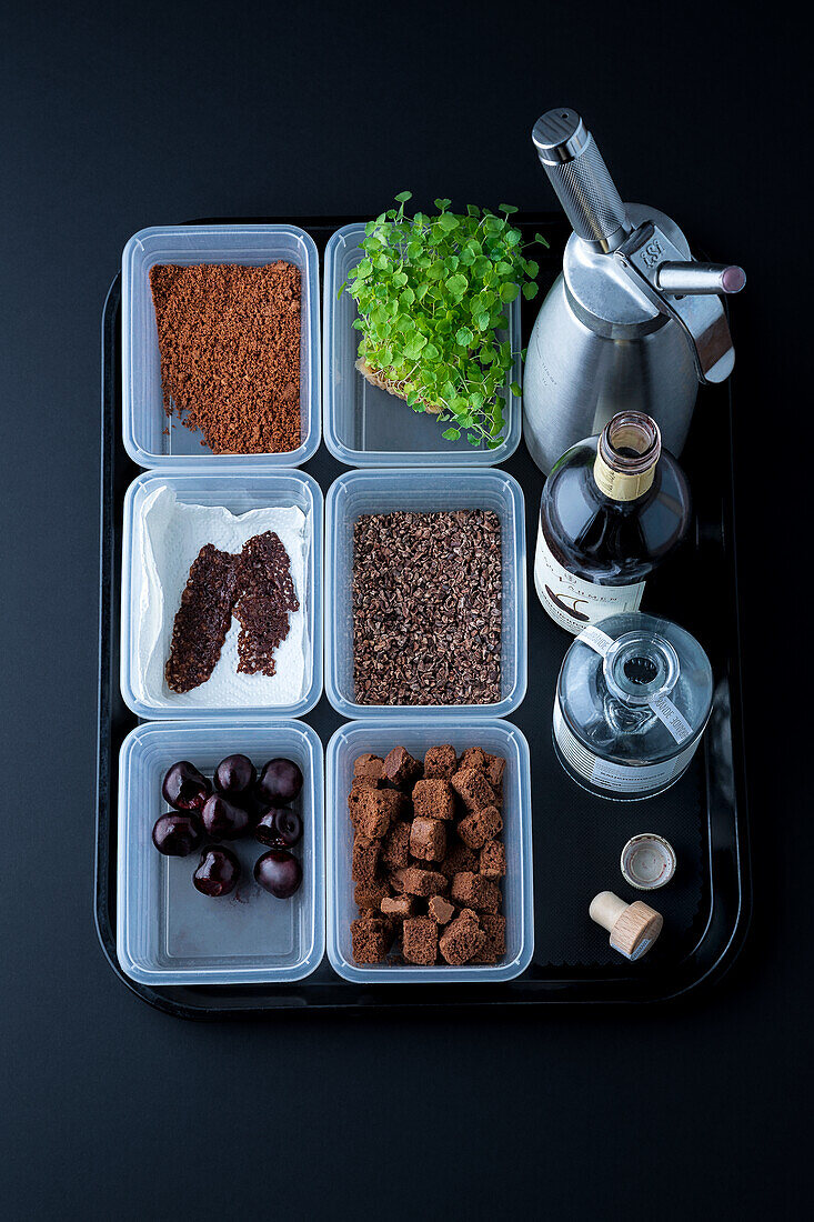 Dessert ingredients: chocolate, cress, spices, cherries and chocolate sponge cake