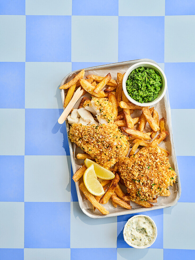 Fish with salt and vinegar fries, dill mayonnaise and pea and mint mash