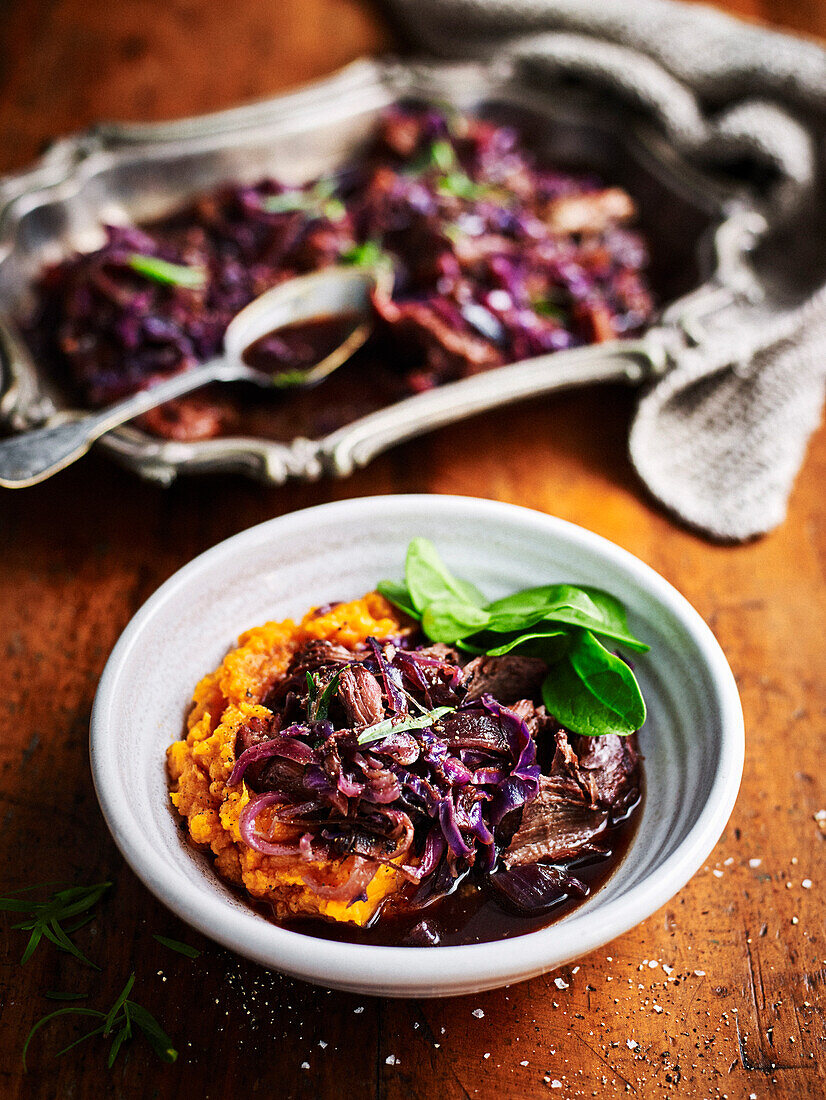 Mulled wine pork with red wine cabbage and sweet potato mash
