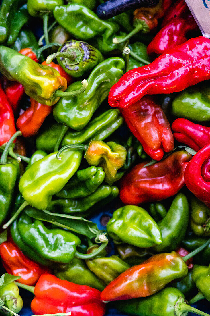 Green and red pointed peppers at the market