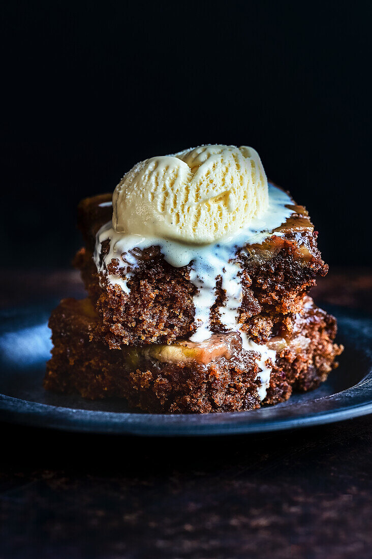 Sticky toffee pudding with vanilla ice cream