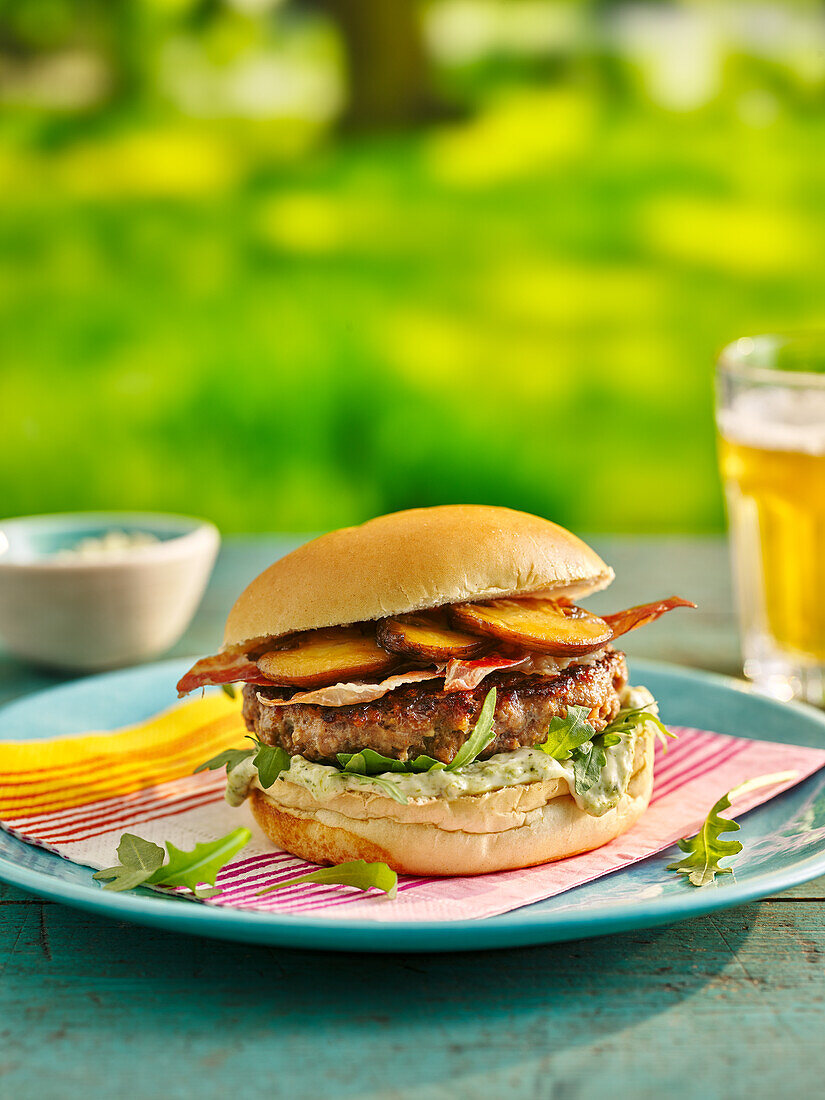 Burger with hickory-smoked beef and garlic-mushroom pesto