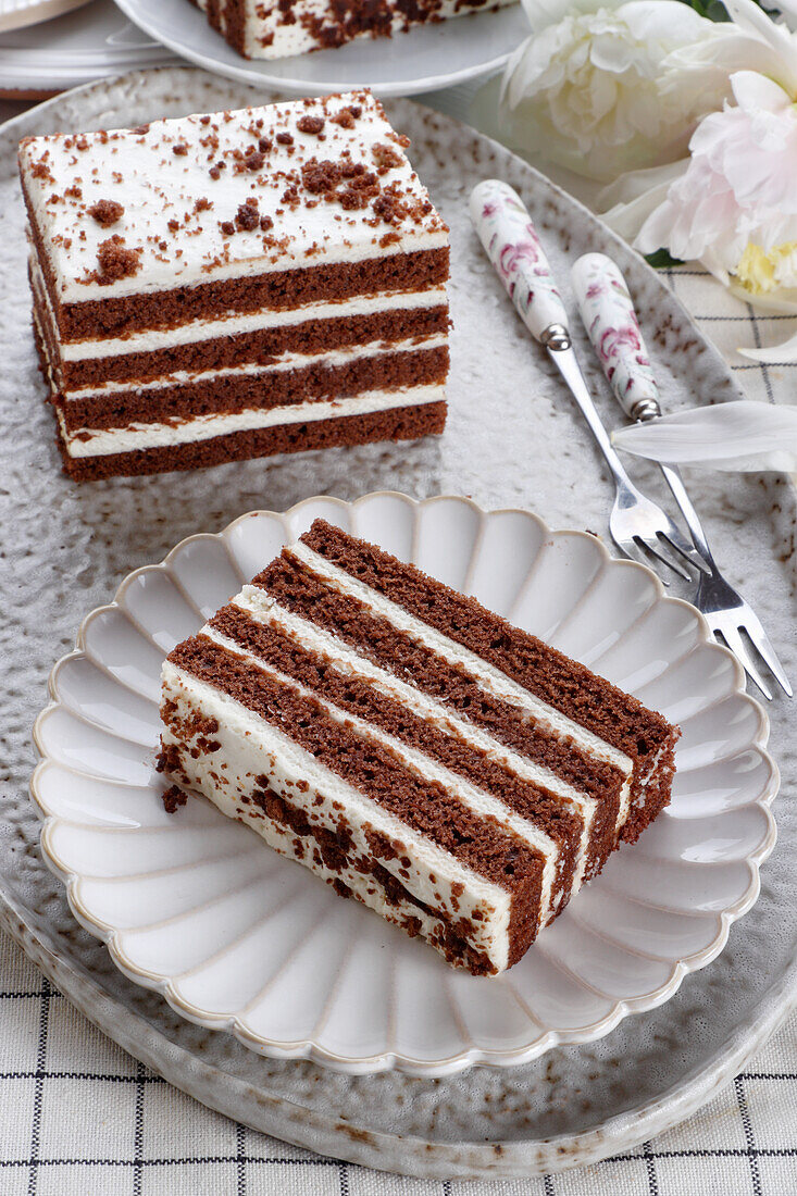 Layer cake with chocolate and cream