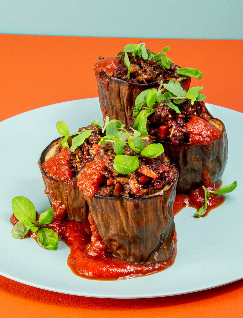 Stuffed eggplant with tomato sauce