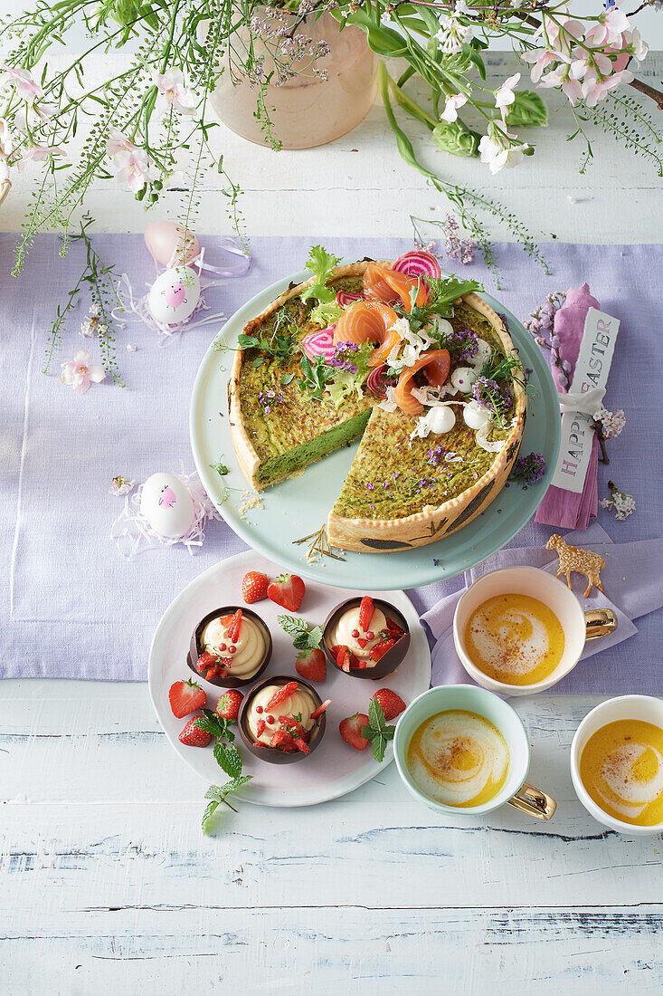 Herb quiche with smoked salmon, soup and fruit curd chick for Easter