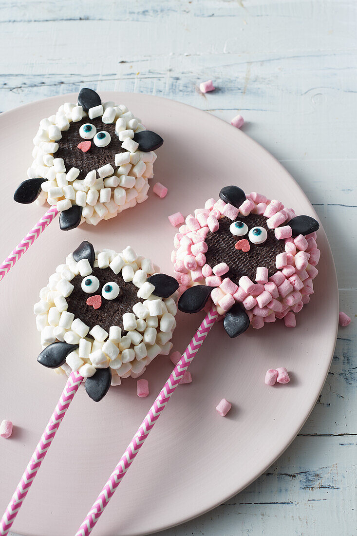 Chocolate cookies with mini marshmallows as a sheep's face for Easter