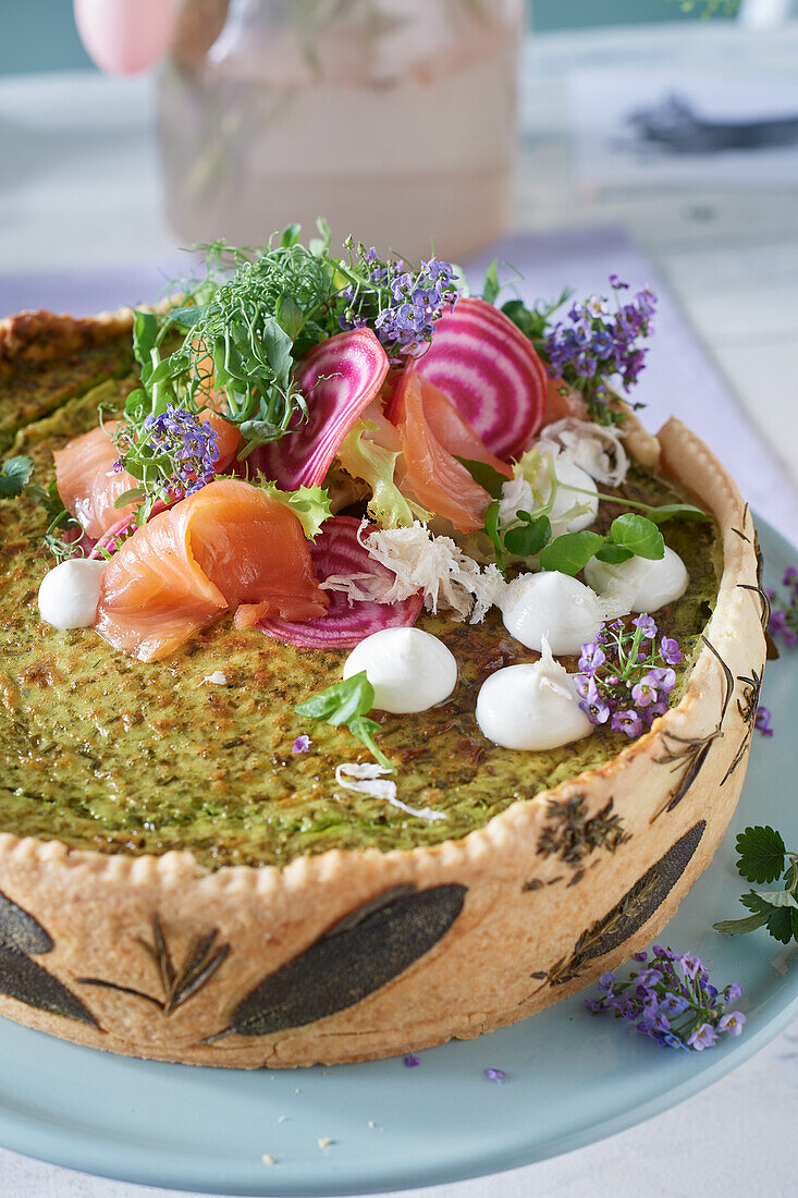 Herb quiche with smoked salmon for Easter