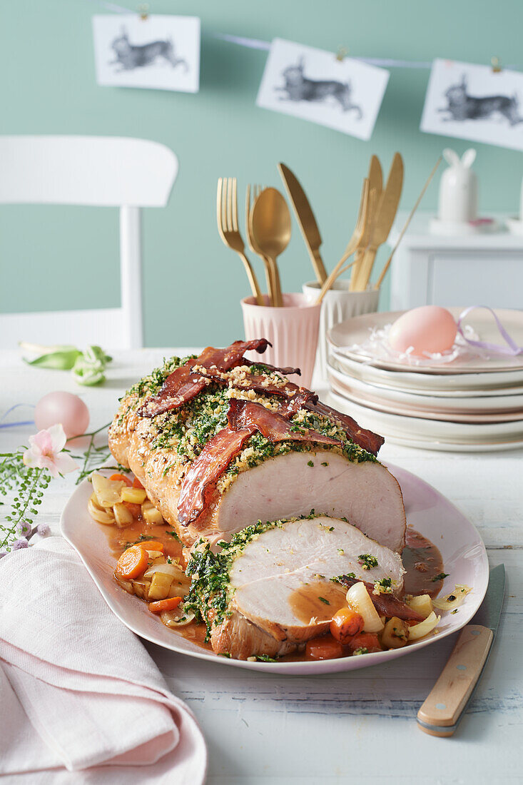 Roast turkey with herb crust and bacon