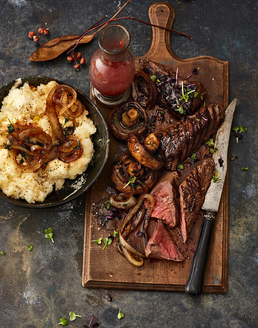 Fillet of venison with chipotle ketchup, mushrooms, and celery stamp