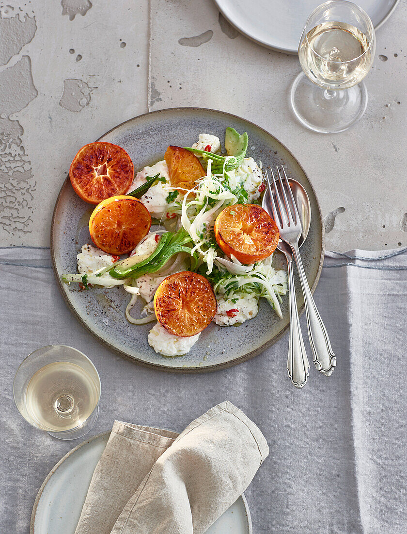 Fennel slaw with lukewarm ricotta and mandarins