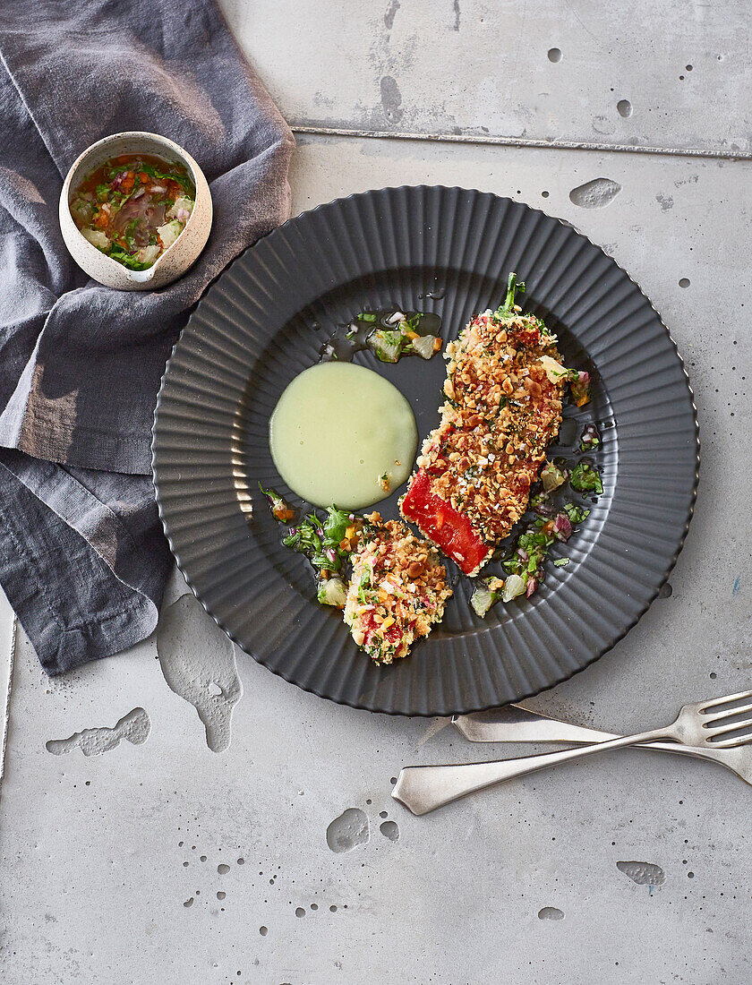 Pointed peppers in peanut panko with potato cream and lemon salsa