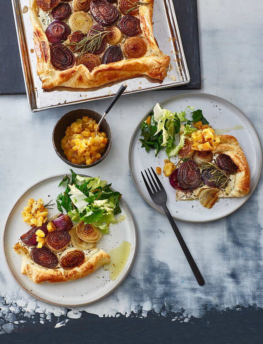 Onion tart with persimmon compote and winter greens