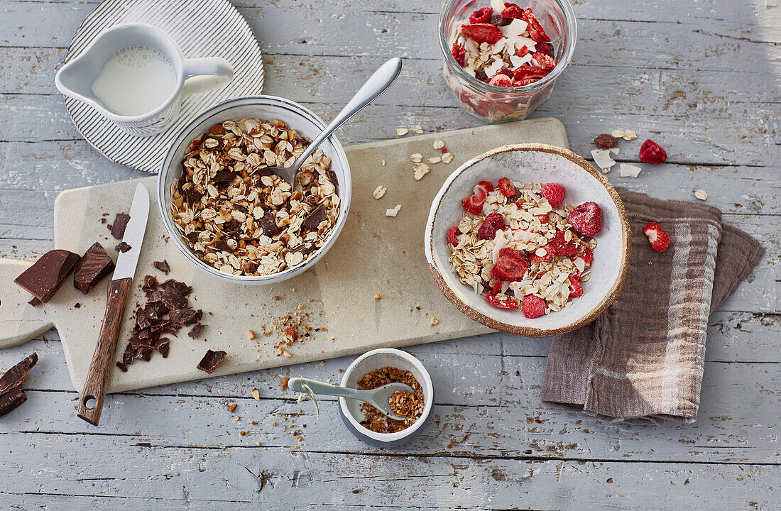 Nut and chocolate muesli and fruit muesli