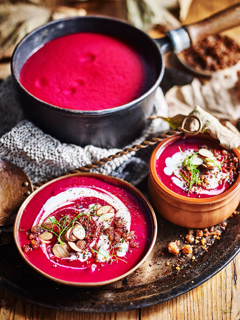 Beetroot and gin soup with pumperkickel crumbs