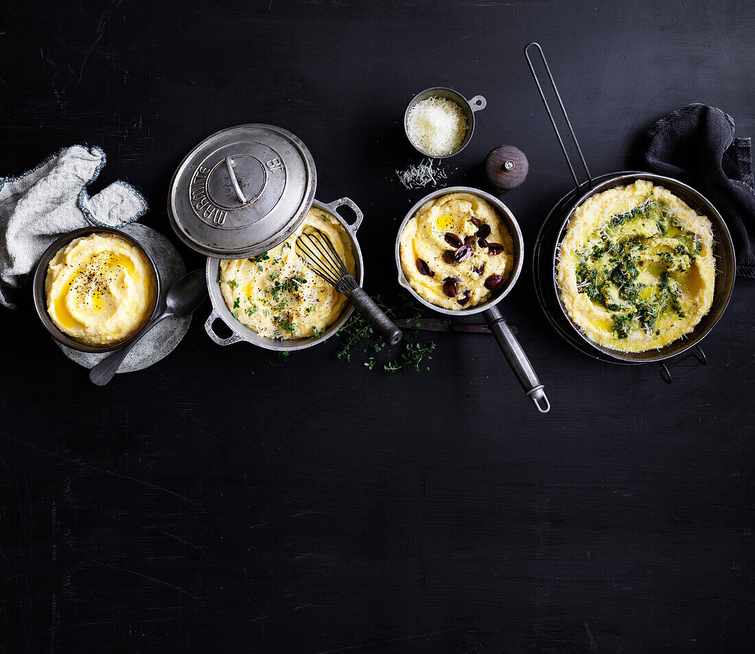 Soft polenta, lemon thyme polenta, olive polenta, cheesy pesto polenta