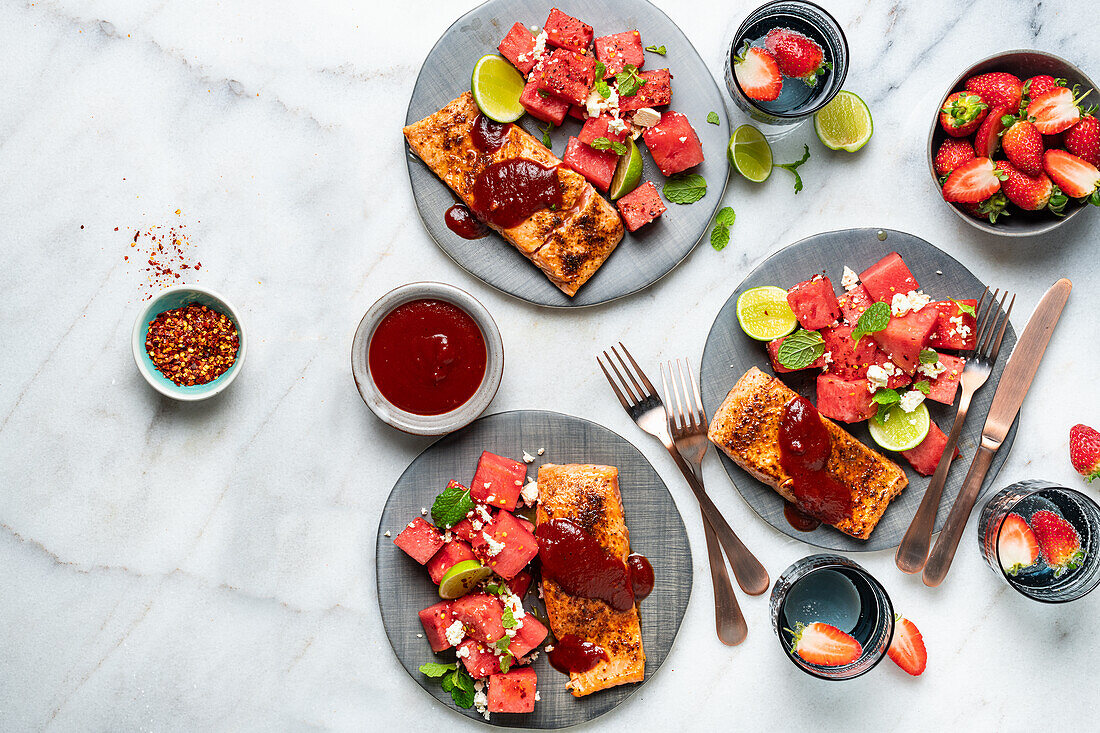 Grilled salmon with BBQ sauce and watermelon salad