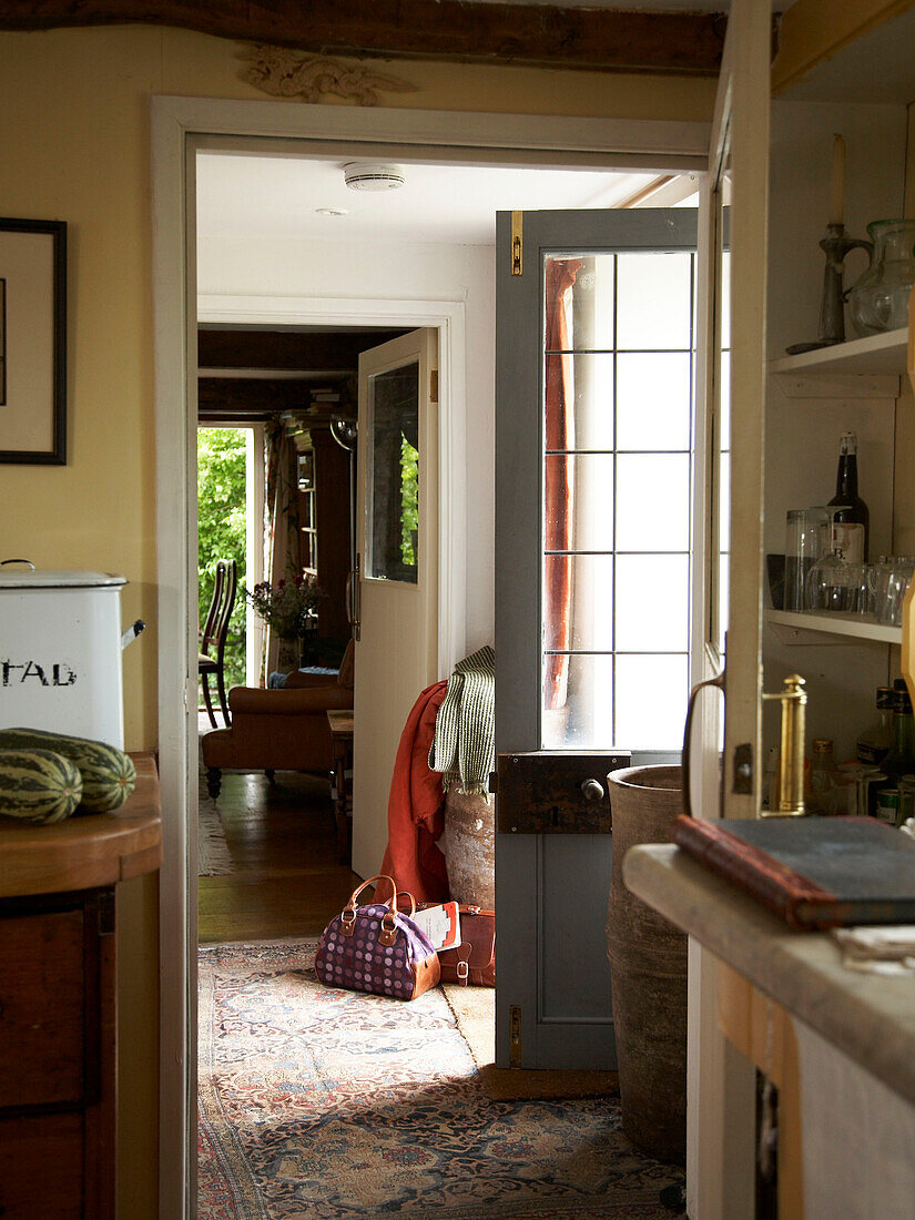 Kitchen with open back door