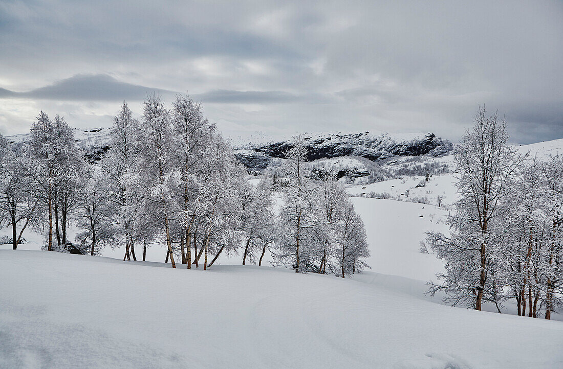 Der Blick von der Veranda und den Fenstern von Litlestol, einer Holzhütte in den Bergen von Sirdal, Norwegen