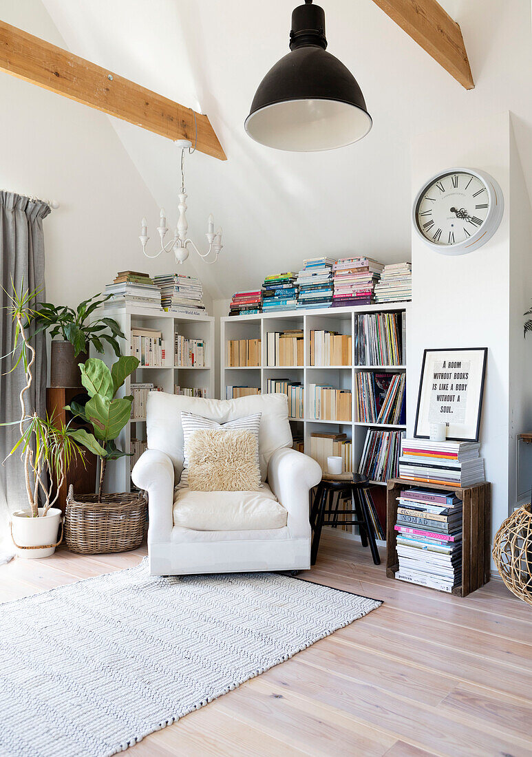 Große Pflanzen und Sessel mit Bücherregalen und upgecycelter Apfelkiste in einem Haus in Colchester, Essex, UK