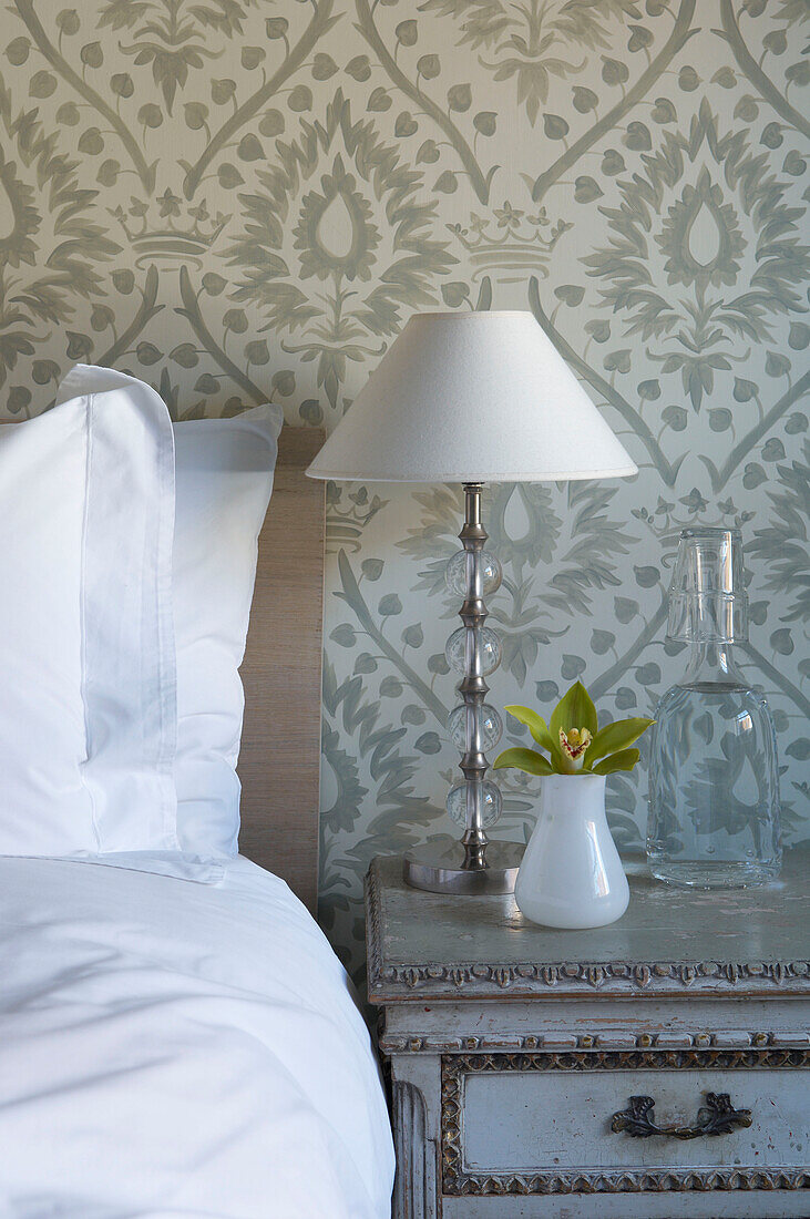 Bedside lamp and patterned wallpaper Hastings