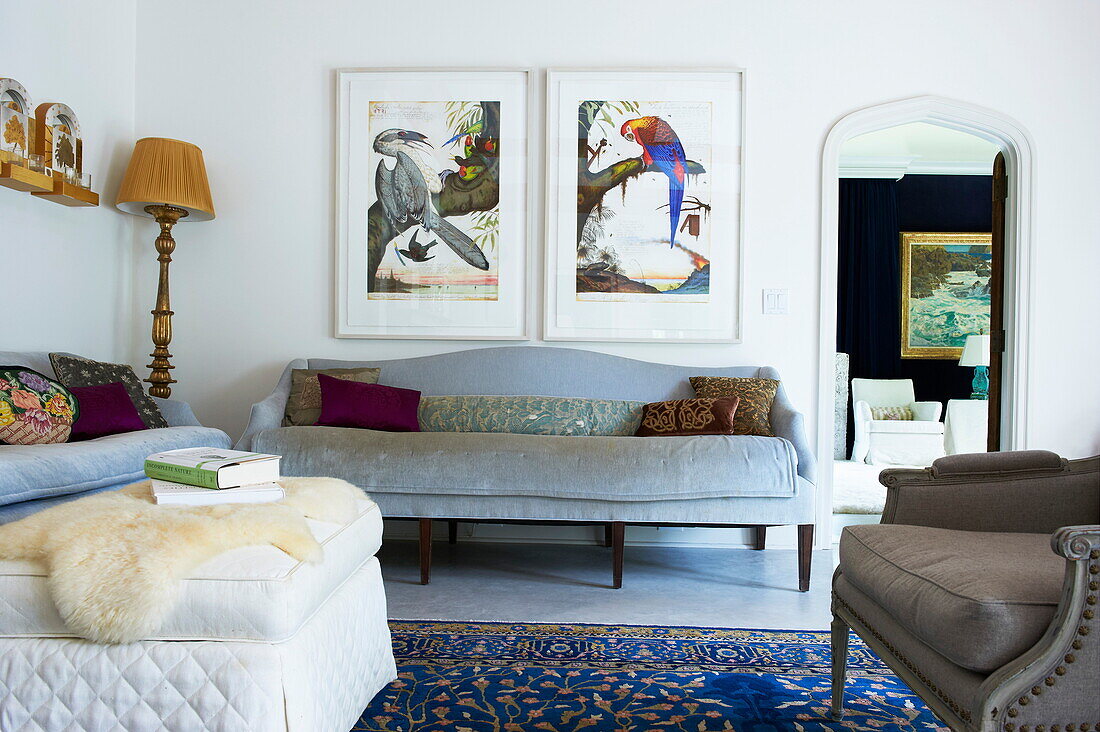 Light blue sofa with artwork of birds in drawing room of Massachusetts home, New England, USA