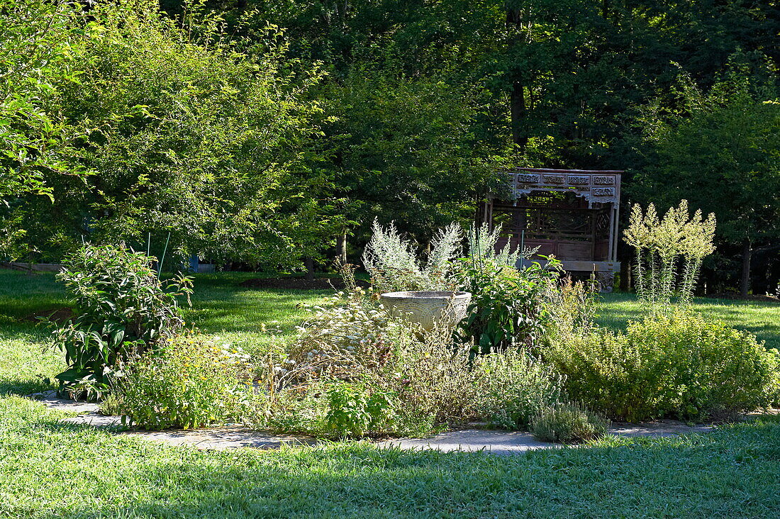 Garden detail of Massachusetts home, New England, USA