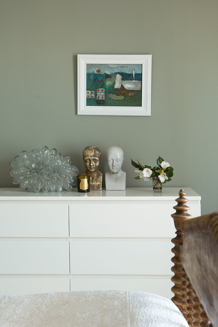 Artwork and ornaments bedroom detail of Hastings beach house England UK