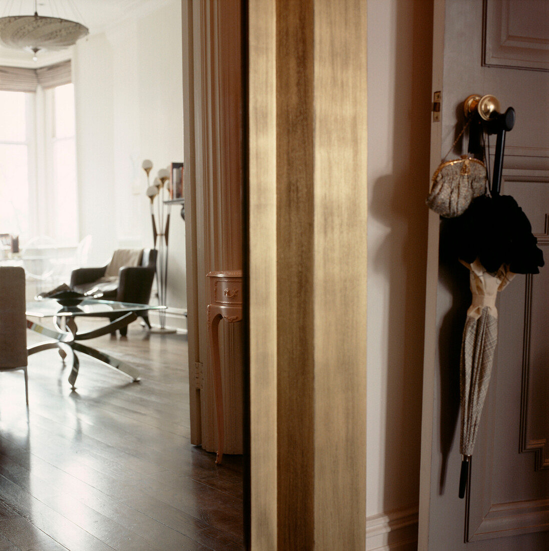 View through doorway into large living room