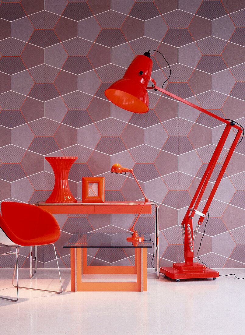 Retro wallpapered room with red furniture home wares and lighting