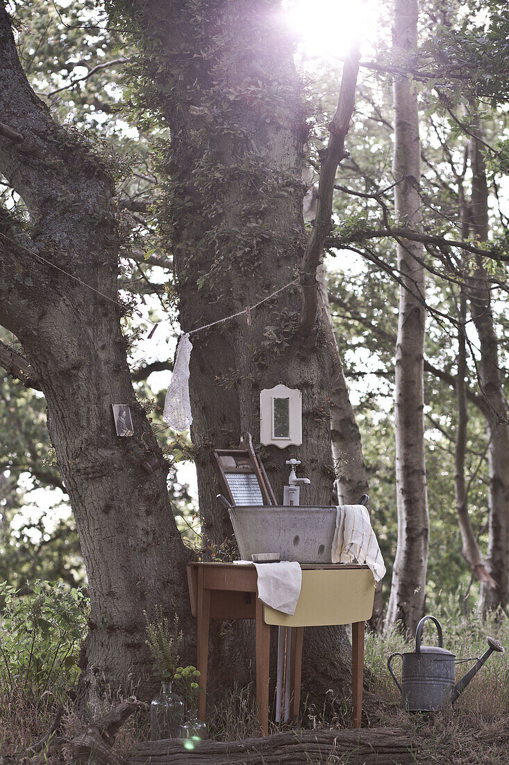 Makeshift wash stand in woodland, UK