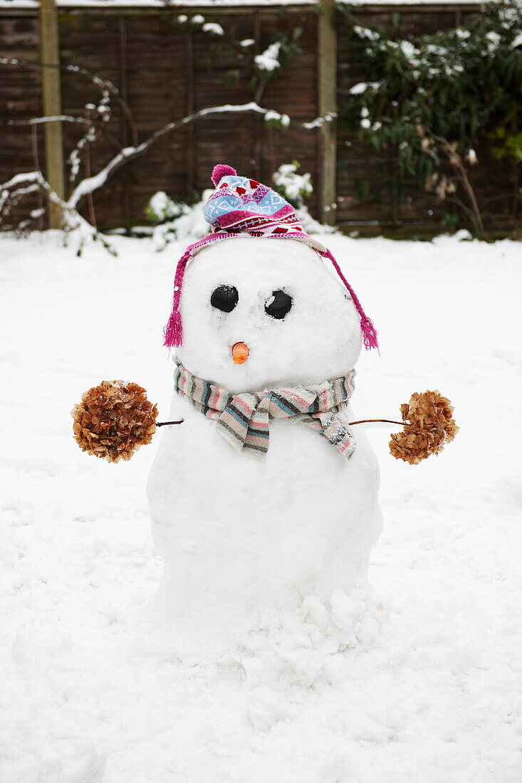 Snowman in garden Southend on sea Essex England UK