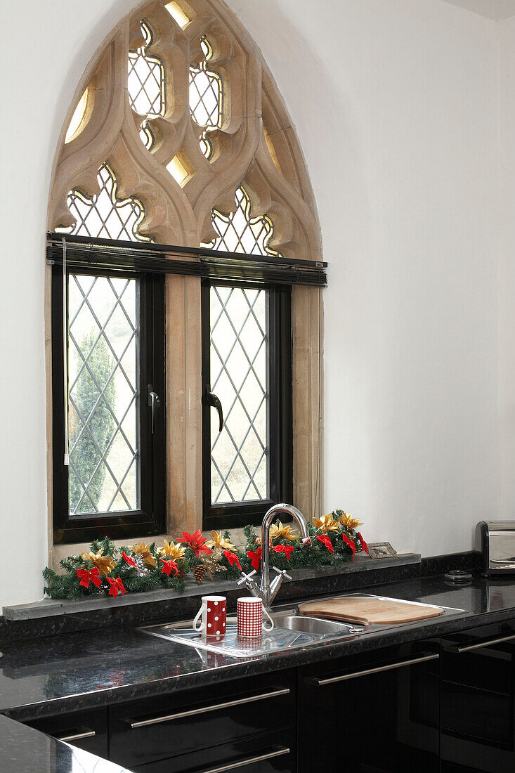 kitchen with church window