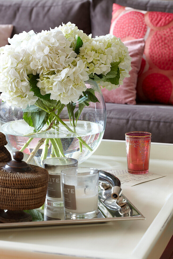 Cut flowers in vase on table in Sydney home Australia