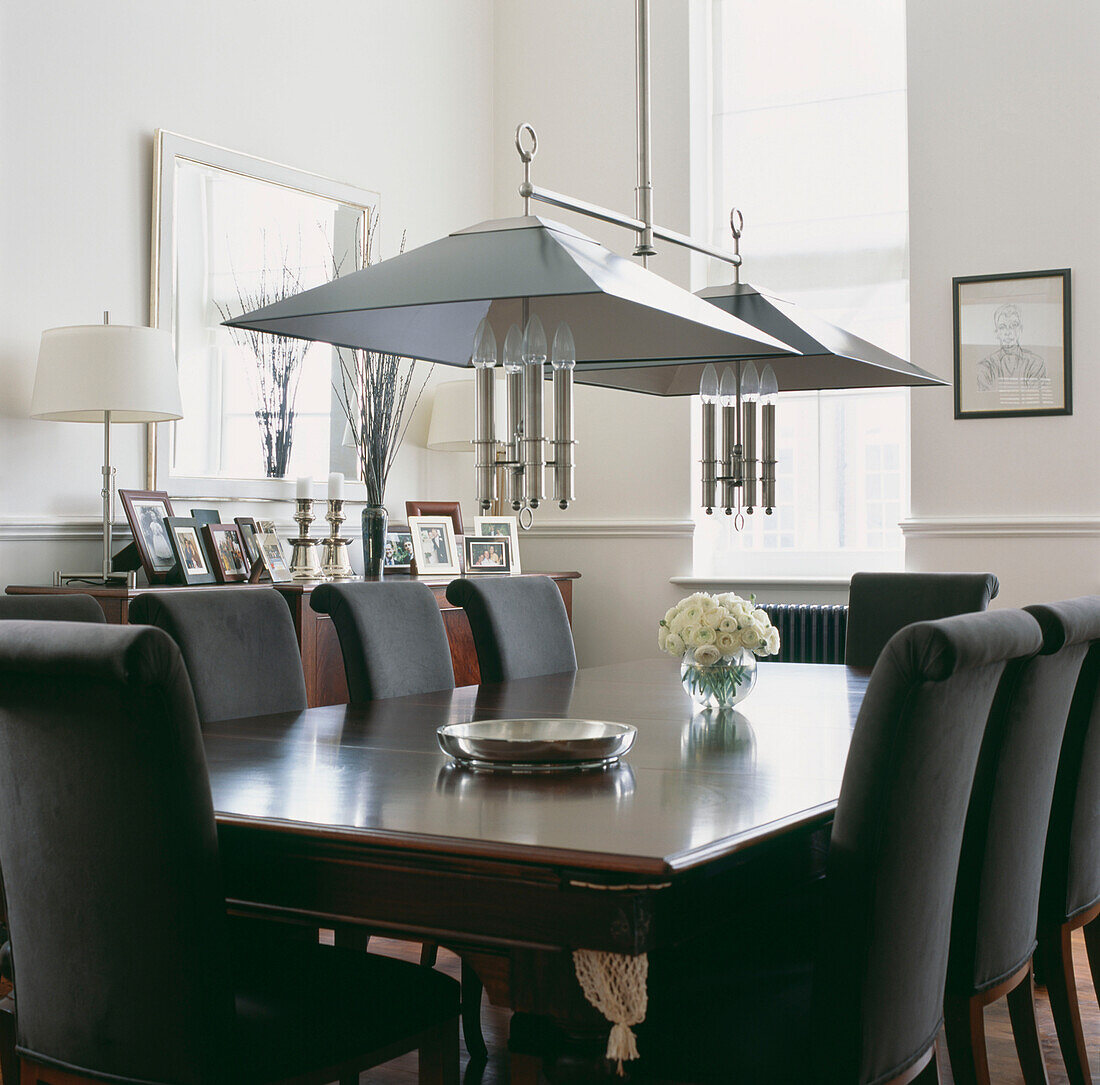 Dining table made from an old Billiard table with restored Billiard table lights