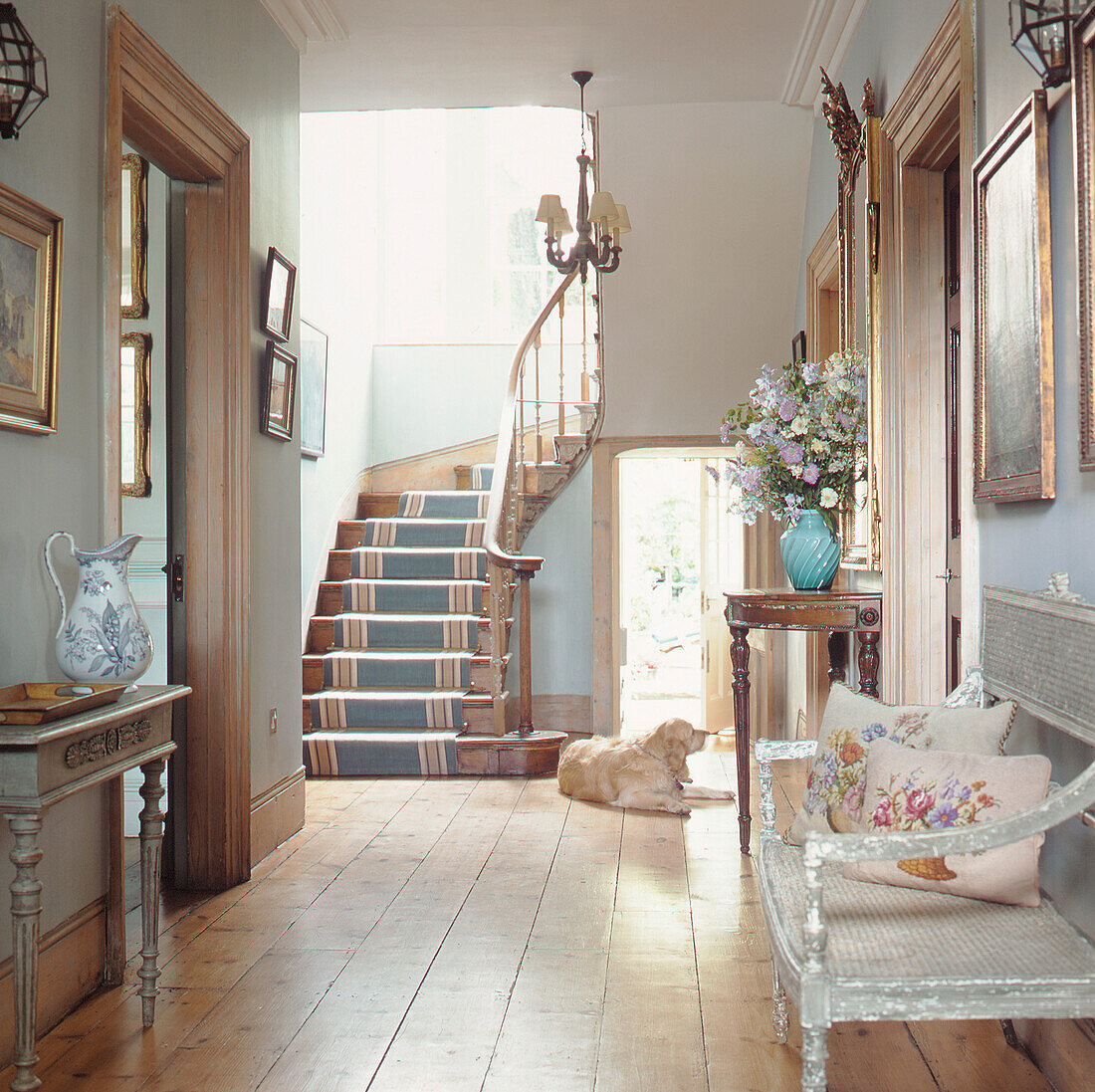 Classical soft blue entrance hall in Regency town house