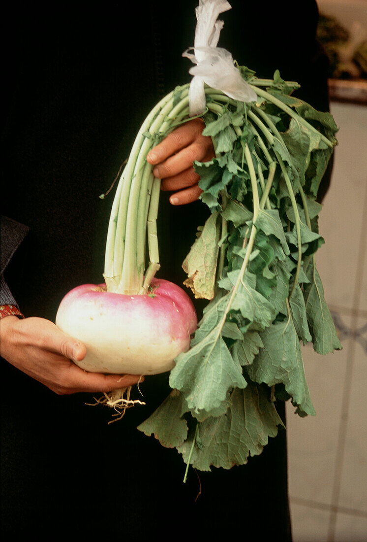 Person mit einer frischen Rübe an einem Marktstand in der Medina von Fez, Marokko