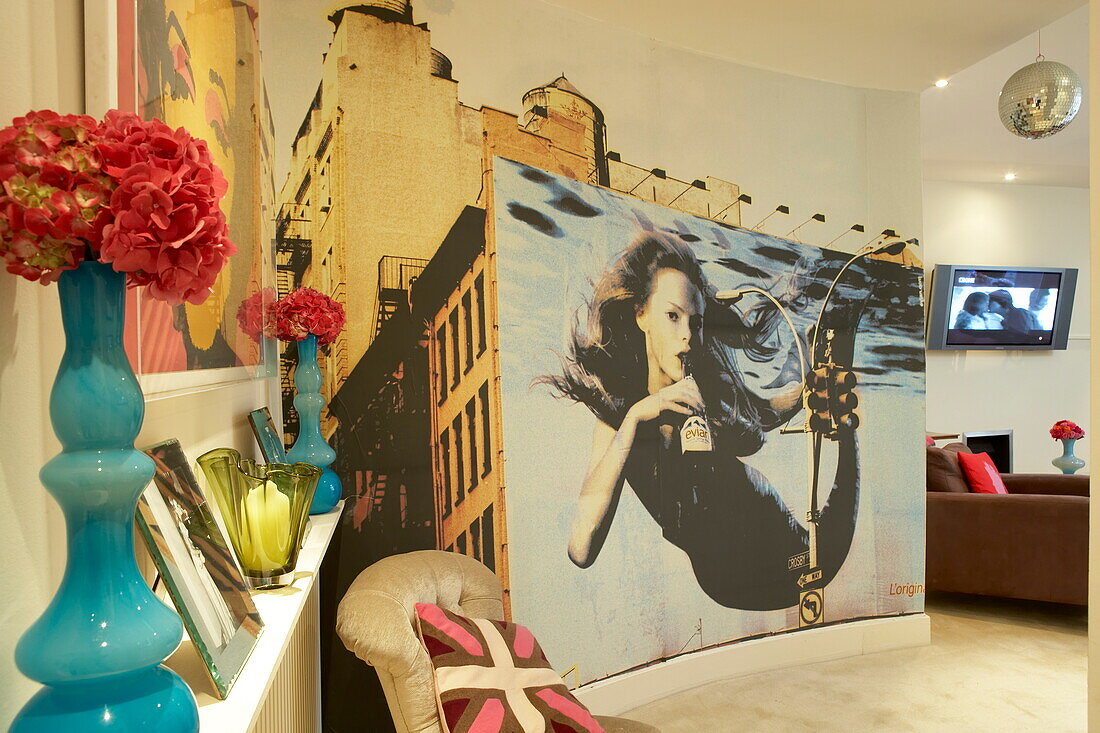 Large artwork of mermaid in funky London home, England, UK