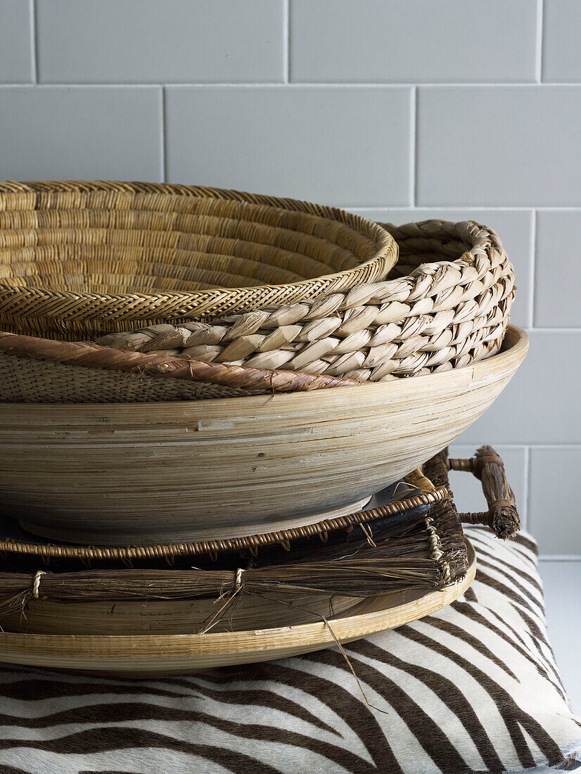 Stack of decorative bowls and trays close-up