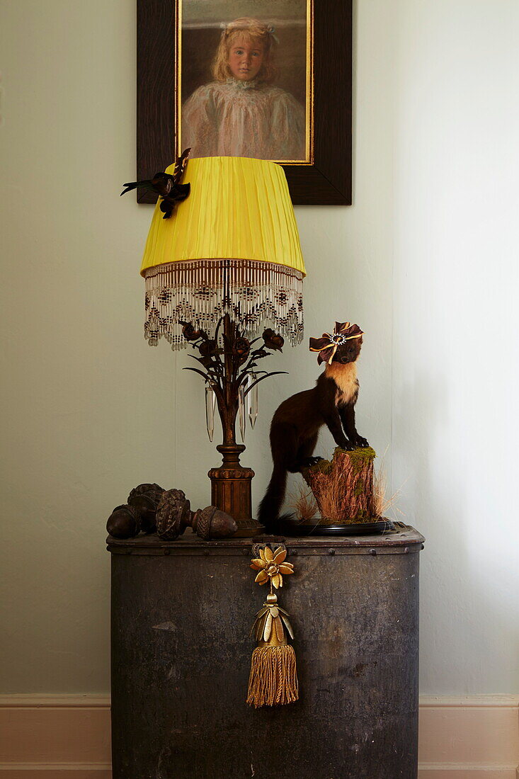 Vintage lamp on side unit in Cumbrian farmhouse, England, UK