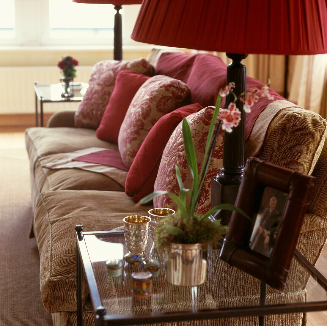 Co-ordinated cushions on beige sofa