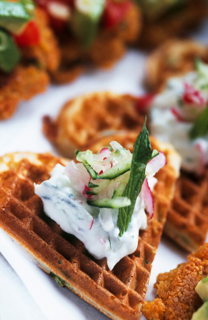Waffles with radish and cucumber fromage frais