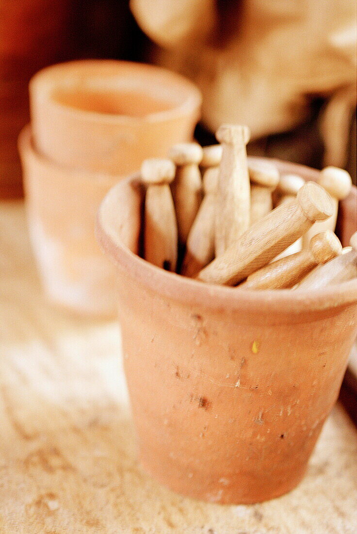 Wooden clothes pegs in a terracotta pot