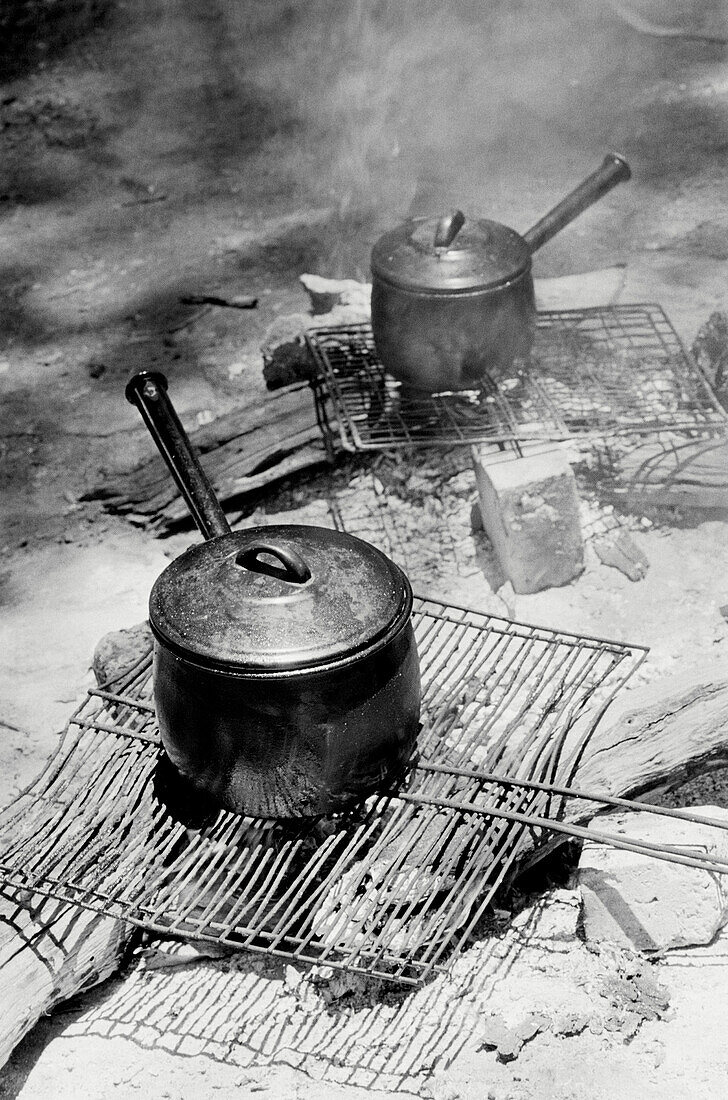 Cooking pots over the campfire in a bush kitchen in the Kruger National Park