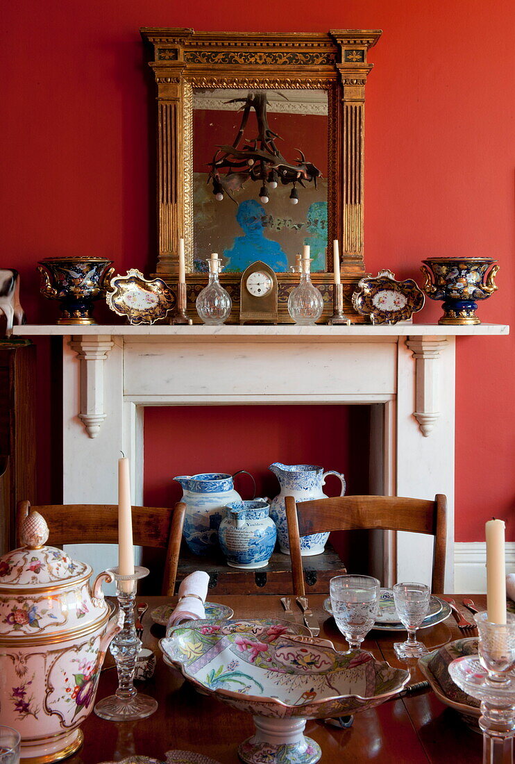 Vintage chinaware on dining table in Greenwich home,  London,  England,  UK