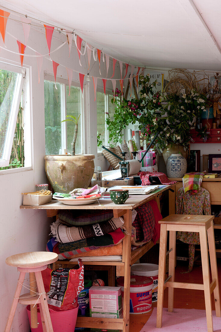 Artists work room with desk at window in  Lewes,  East Sussex,  England,  UK