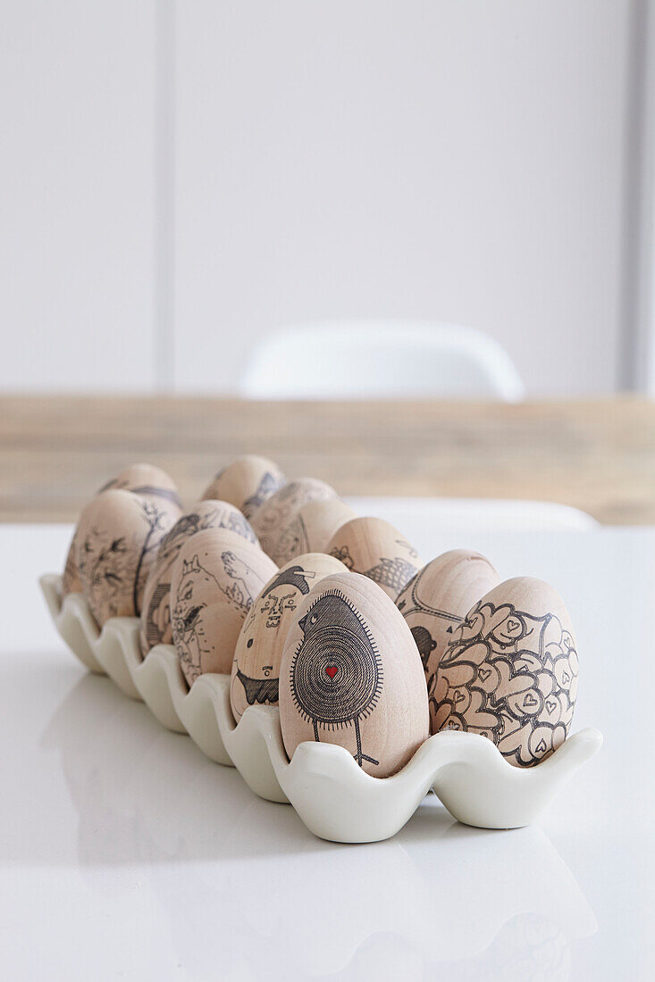 A dozen decorated eggs in London kitchen  England  UK